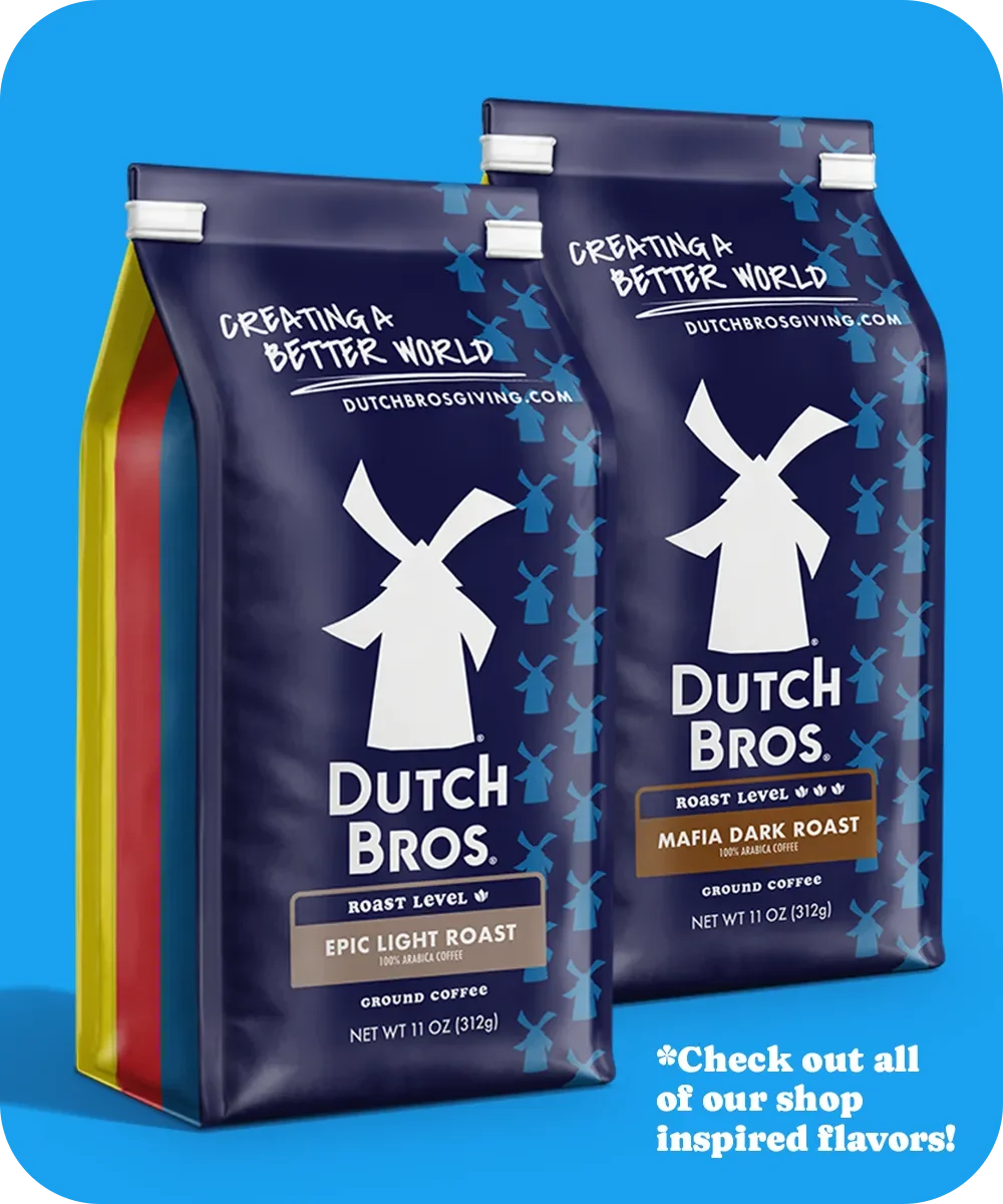 Two Dutch Bros coffee bags featuring Epic Light Roast and Mafia Dark Roast on a blue background with windmill designs.