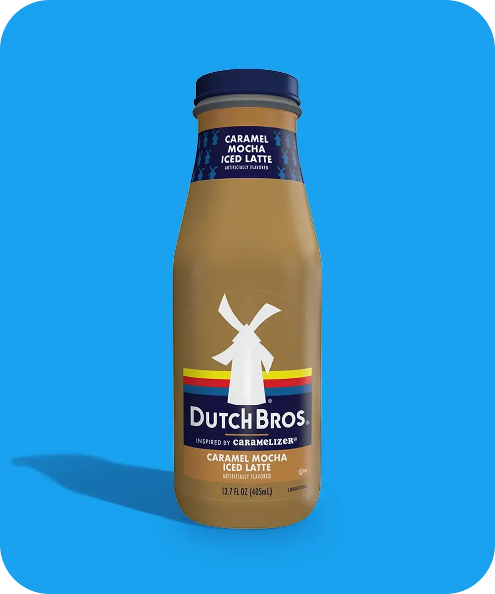 Bottle of Dutch Bros Caramel Mocha Iced Latte with windmill logo on a bright blue background.