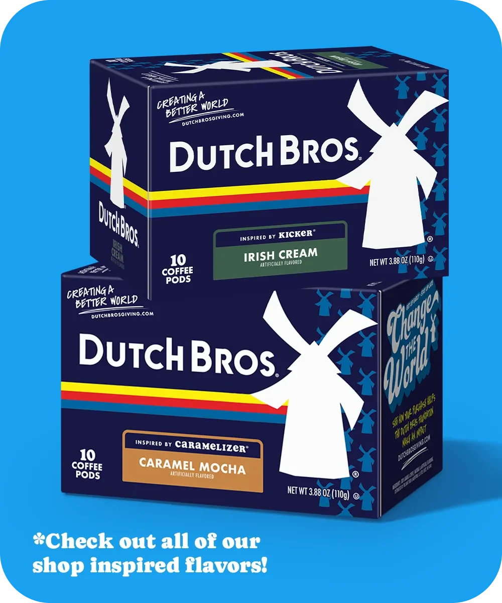 Two Dutch Bros coffee pod boxes featuring Irish Cream and Caramel Mocha flavors on a blue background.