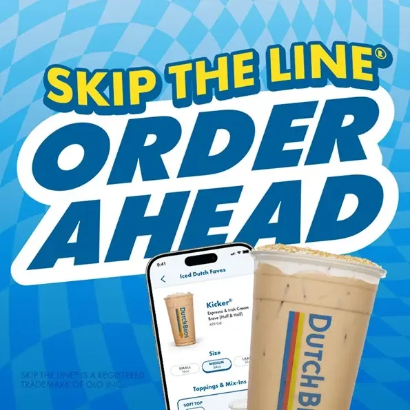 "Skip the Line" promotion showing a smartphone with Dutch Bros coffee app next to an iced coffee drink on blue background.