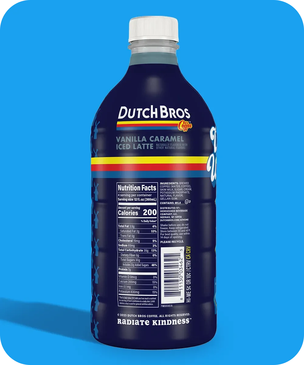 Dutch Bros Vanilla Caramel Iced Latte bottle with nutrition facts displayed on a bright blue background.