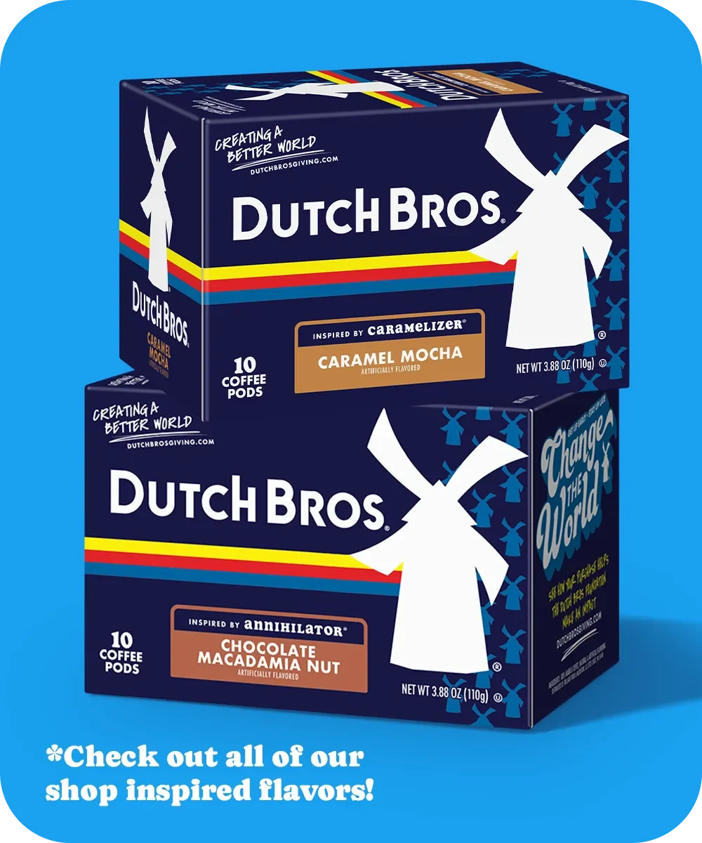 Two Dutch Bros coffee pod boxes against blue background - Caramel Mocha and Chocolate Macadamia Nut flavors, 10 pods each.