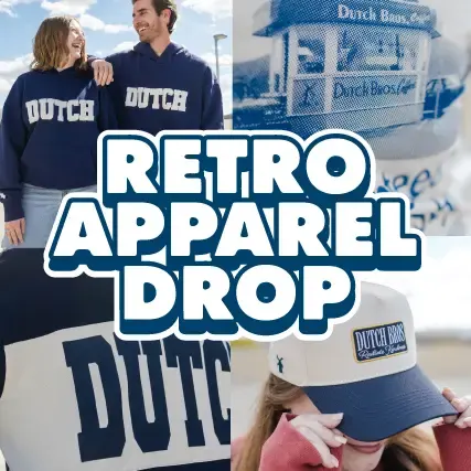 RETRO APPAREL DROP text overlaying Dutch Bros merchandise images.