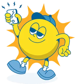 Cartoon sun character with a grumpy expression, blue shoes, and a raised fist with lightning bolts above.