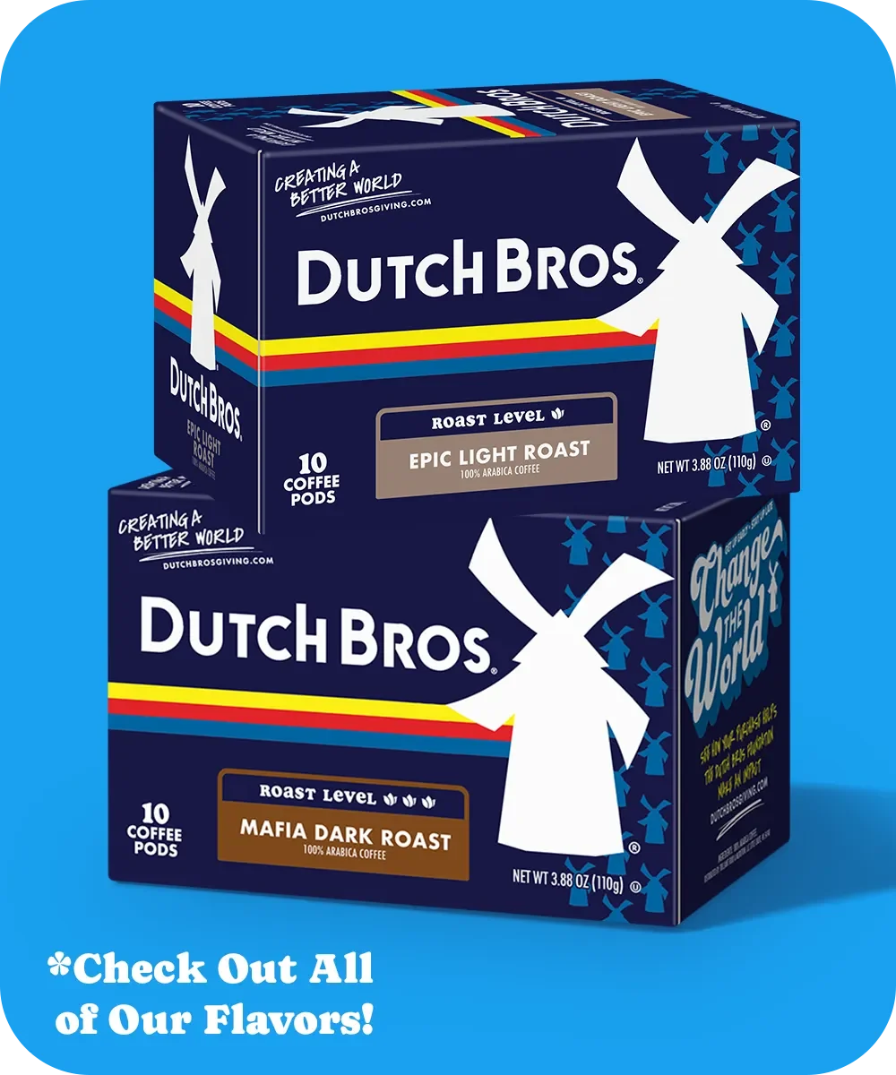 Two boxes of Dutch Bros coffee pods featuring Epic Light Roast and Mafia Dark Roast varieties on a blue background.