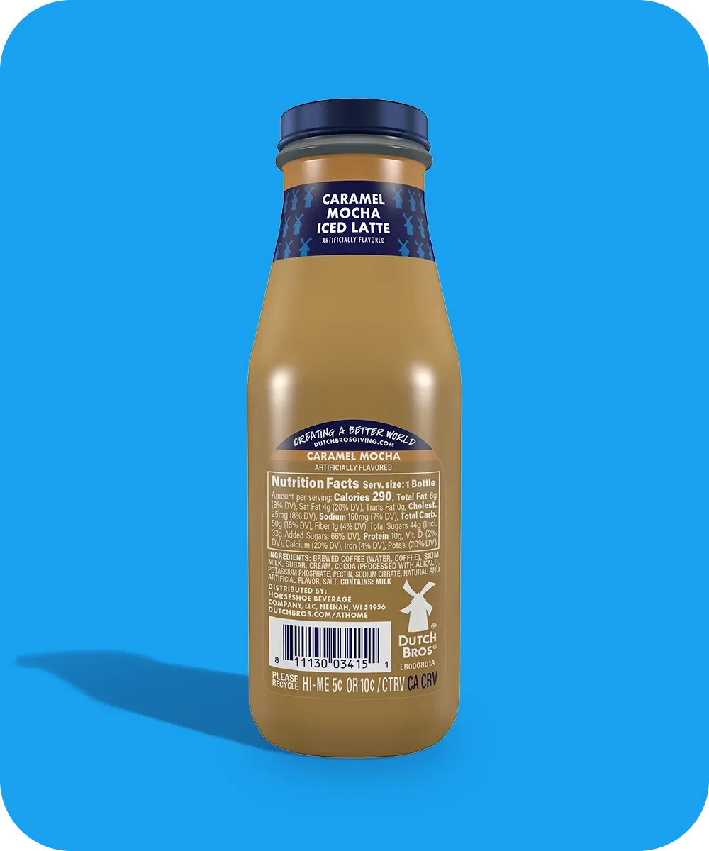 Bottle of Dutch Bros Caramel Mocha Iced Latte with nutrition facts label against bright blue background.