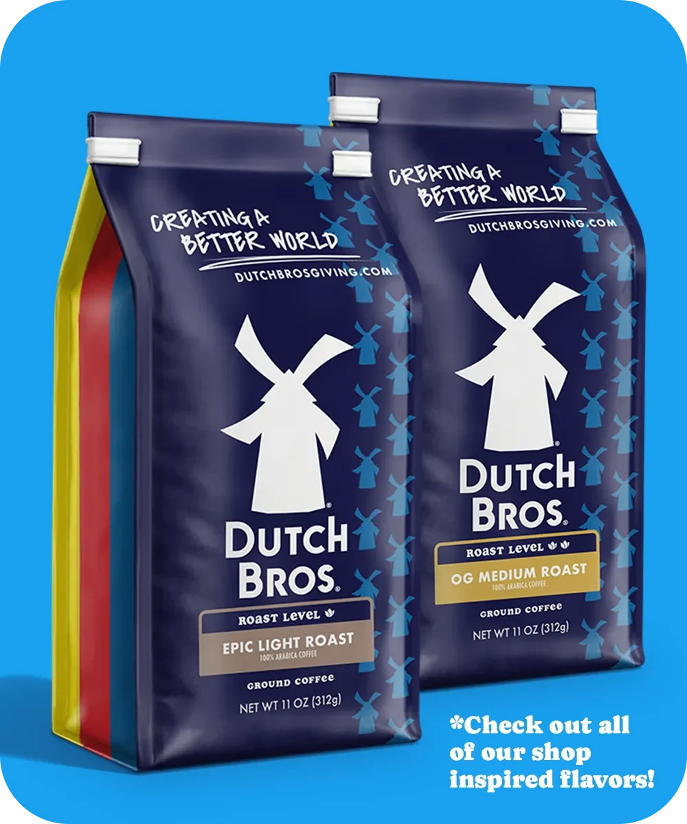 Two Dutch Bros coffee bags on blue background - Epic Light Roast and OG Medium Roast varieties, 11 oz each.