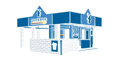 Blue and white illustration of a Dutch Bros coffee shop with windmill logos on the building exterior.