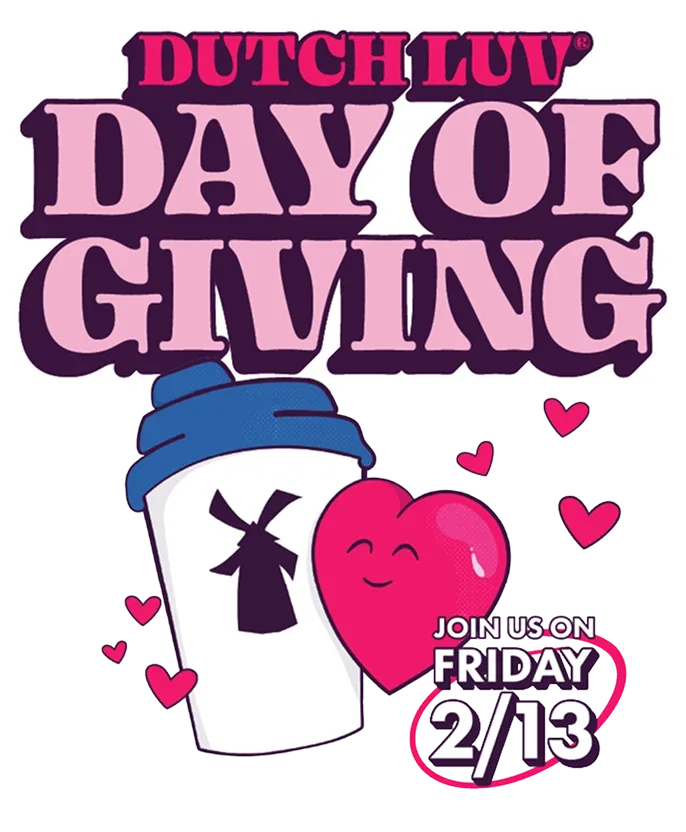 Dutch Luv Day of Giving logo with coffee cup and heart character, promoting charity event on Friday 2/13