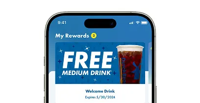 Smartphone displaying a rewards app with "FREE MEDIUM DRINK" promotion on blue background, expires 5/30/2024.