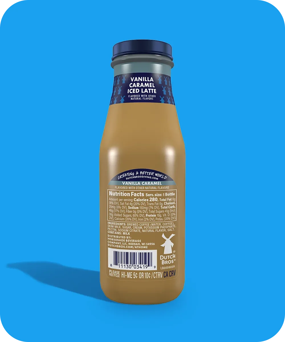 Bottle of Dutch Bros Vanilla Caramel Iced Latte coffee drink against a bright blue background.