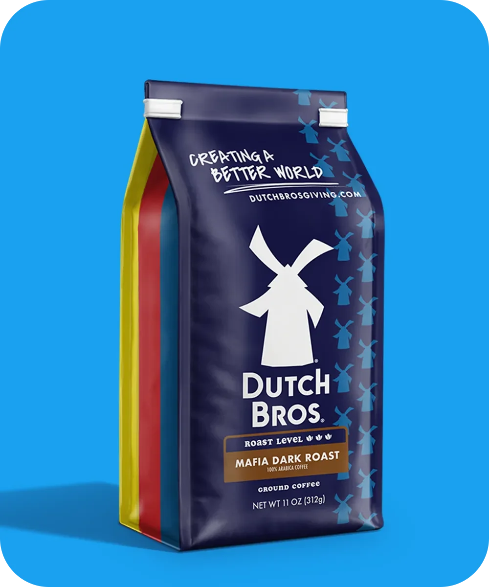 Navy blue bag of Dutch Bros Mafia Dark Roast ground coffee featuring windmill logo on bright blue background.