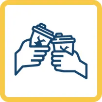 Two hands holding coffee cups in a toast gesture, illustrated in blue outline on a yellow square background.