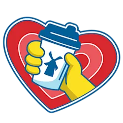 Yellow gloved hands holding a blue and white coffee cup against a red heart-shaped background.