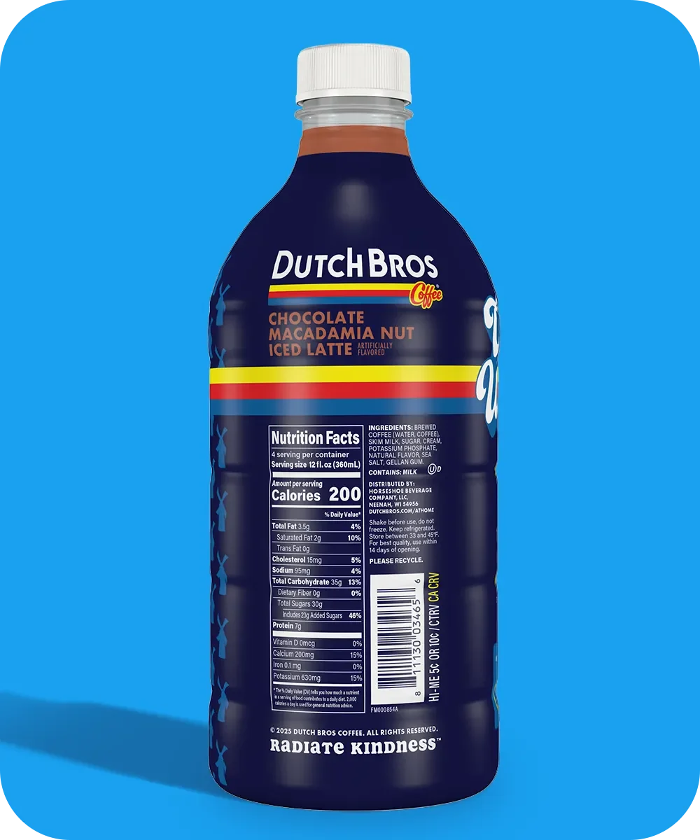 Bottle of Dutch Bros Chocolate Macadamia Nut Iced Latte with nutrition facts displayed against a blue background.