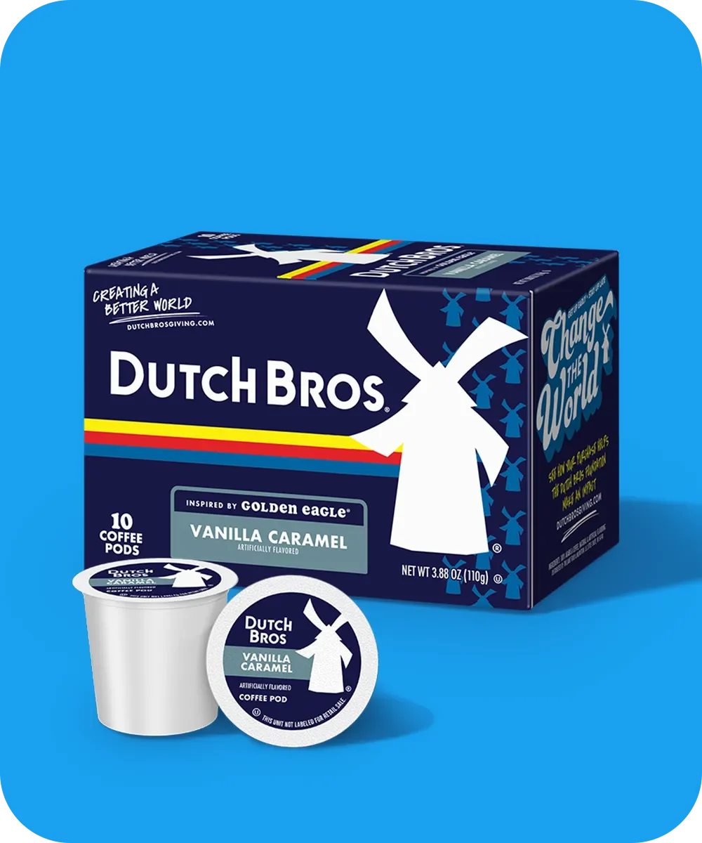 Dutch Bros Vanilla Caramel coffee pods box containing 10 pods with one pod displayed in front, on bright blue background.