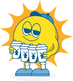 Sleepy cartoon sun character holding multiple coffee cups while wearing blue shoes and a cap.