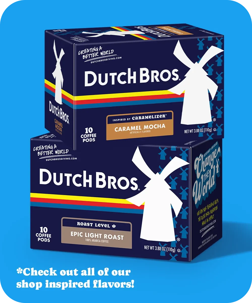 Two Dutch Bros coffee pod boxes against blue background - Caramel Mocha and Epic Light Roast flavors, 10 pods each.