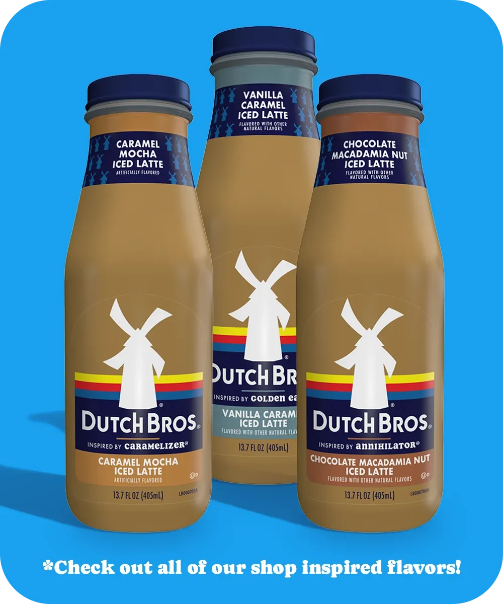 Three Dutch Bros bottled iced lattes in different flavors: Caramel Mocha, Vanilla Caramel, and Chocolate Macadamia Nut.