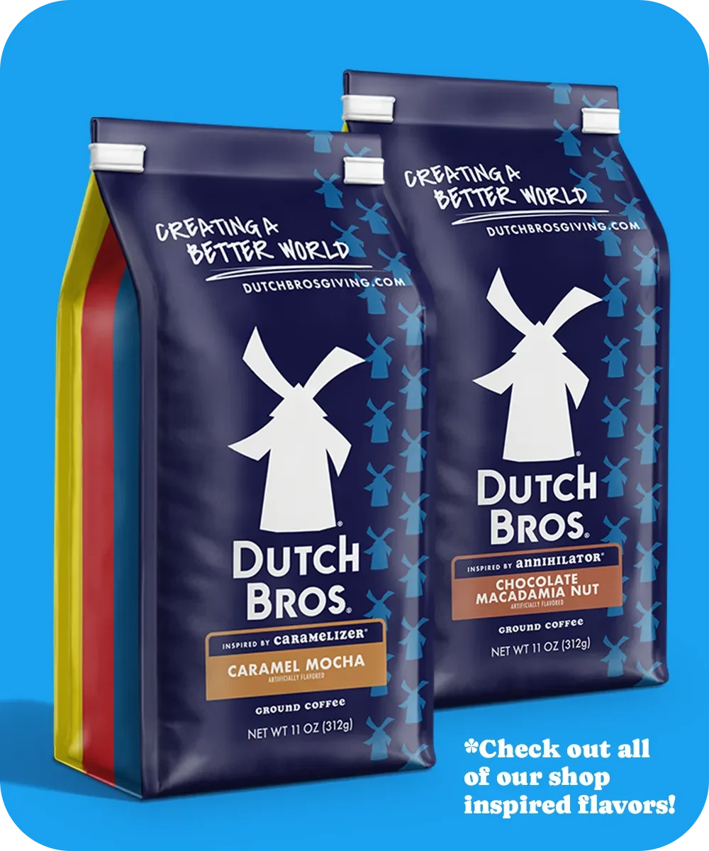 Two Dutch Bros coffee bags featuring Caramel Mocha and Chocolate Macadamia Nut flavors on a blue background.