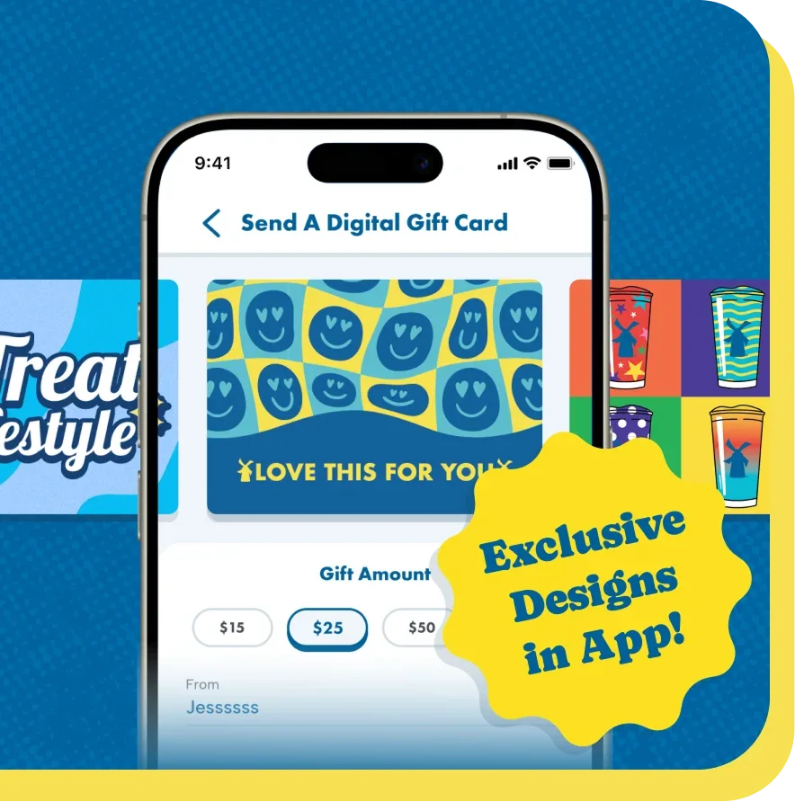 Smartphone displaying Dutch Bros digital gift card design and purchase options on blue background.