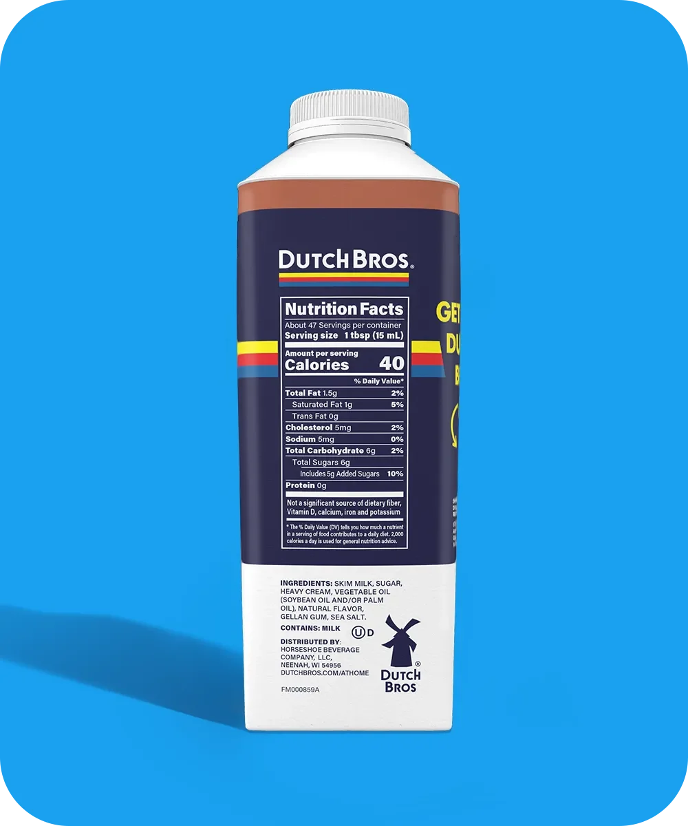 Dutch Bros coffee creamer bottle showing nutrition facts with 40 calories per serving against a bright blue background.