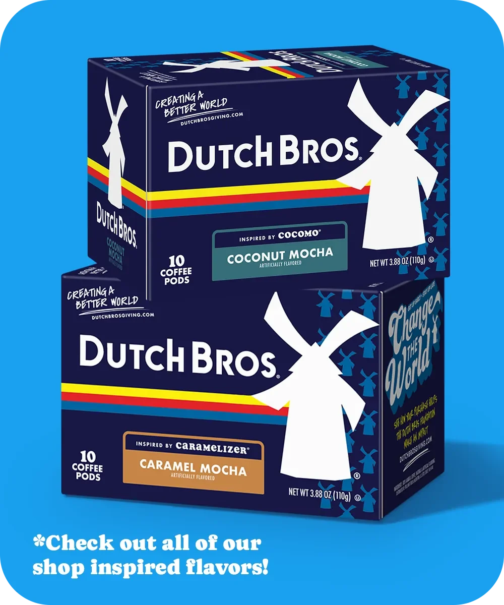 Two boxes of Dutch Bros coffee pods featuring Coconut Mocha and Caramel Mocha flavors on a blue background.
