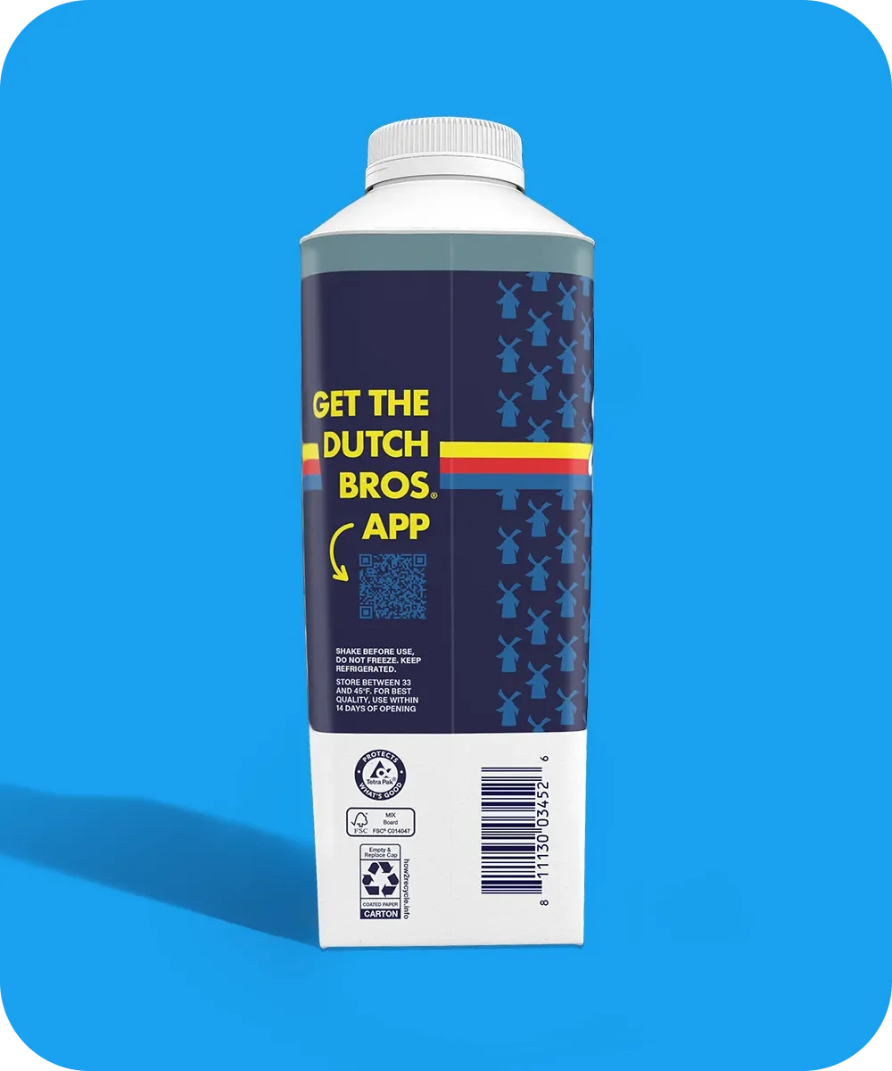 Dutch Bros coffee creamer carton with navy blue design featuring windmill patterns and yellow app promotion text on blue background.