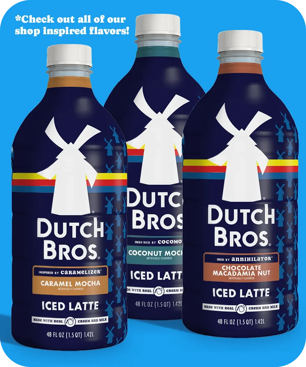 Three Dutch Bros iced latte bottles featuring caramel mocha, coconut mocha, and chocolate macadamia nut flavors on blue background.