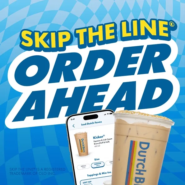 "Skip the Line" promotional image showing mobile ordering app and iced coffee drink against blue checkered background.