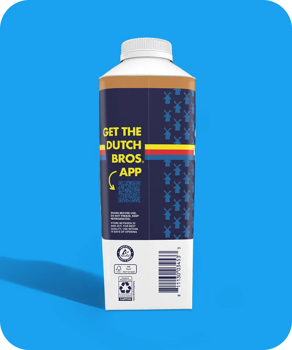 Dutch Bros coffee container with navy blue label featuring windmill patterns and QR code for app download on bright blue background.